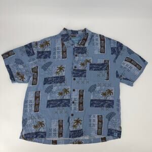 Bermuda Bay Hawaiian Shirt XL Blue Pineapple Palm Tree Rayon Camp Aloha